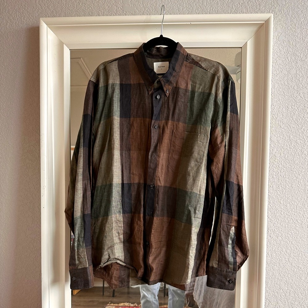 BILLY REID Tuscumbia Linen Oxford. Green/Brown Plaid Linen Button-down, Sz. L